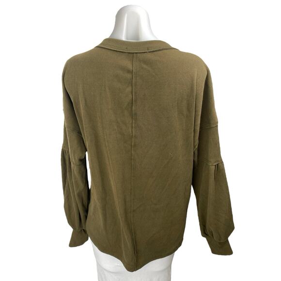 BTFBM Women's Olive Green Rib Knit V-neck Long Sleeve Pocket Sweatshirt Top Sz S - Picture 2 of 3